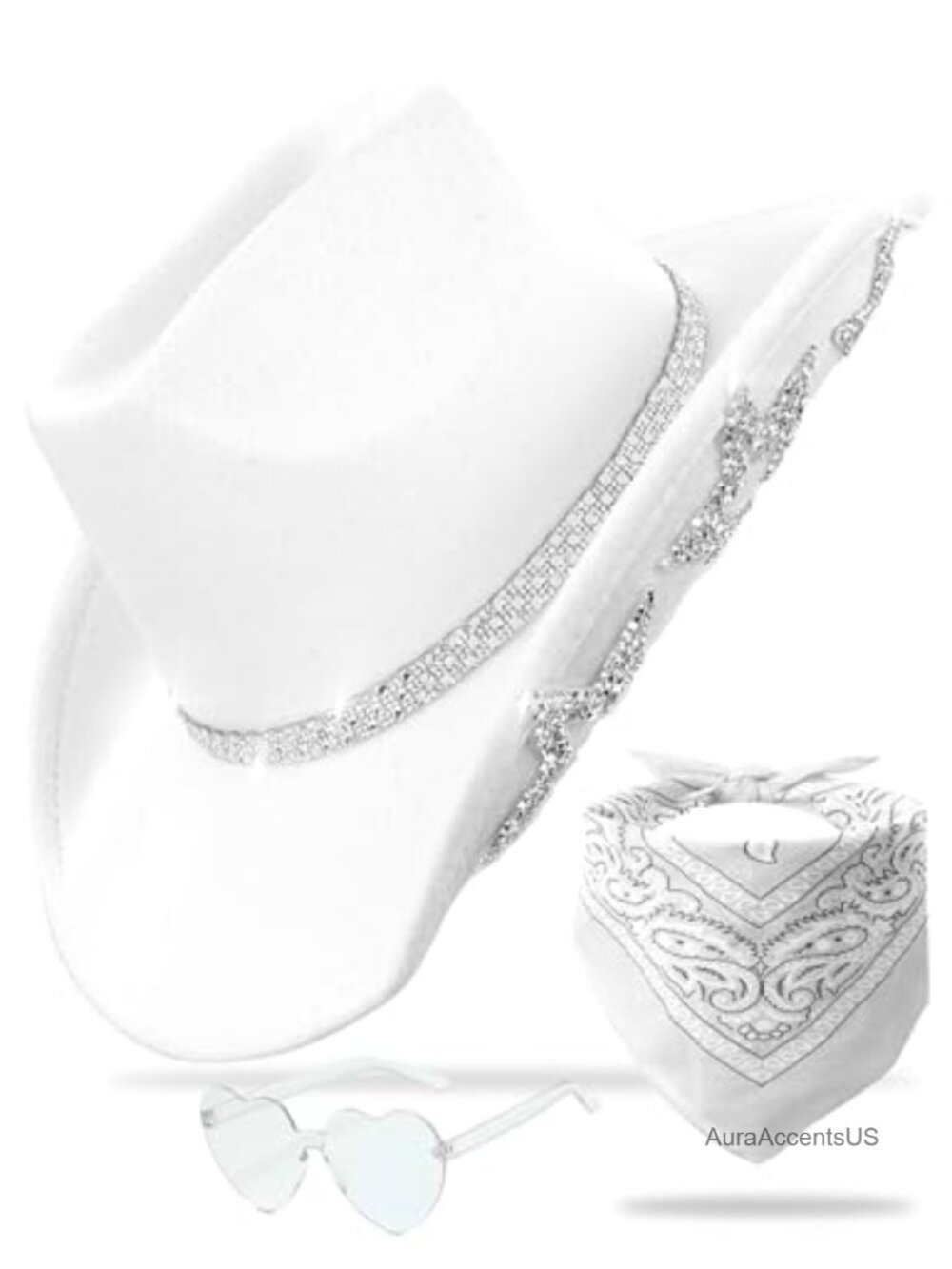 Sparkly Cowboy Hat Set with Rhinestone Stars & Sunglasses Bandanas